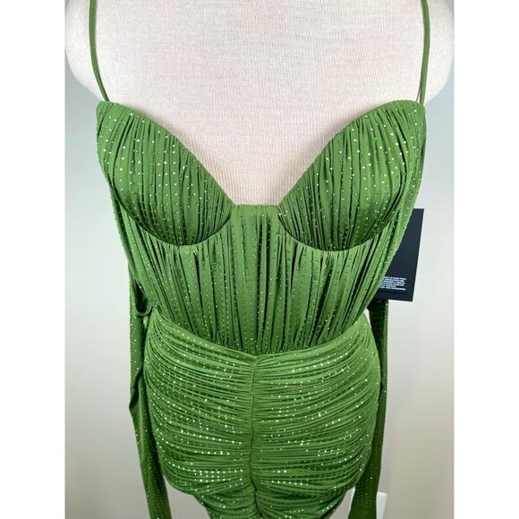 Alex Perry Sweetheart Ruched Crystal Jersey Bustier Fern Green Mini Dress Sz 6 - Picture 11 of 16